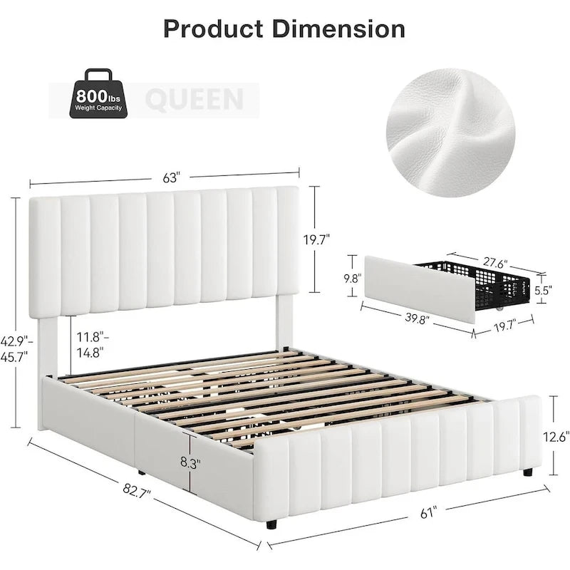 Bed Frame with 4 Storage Drawers and Adjustable Headboard, No Box Spring Needed