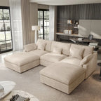 Classic Modern Linen Sectional Modular Sofa 3-Seater with 2 Ottomans, U-shaped Down Filled Cloud Couch with Cushions