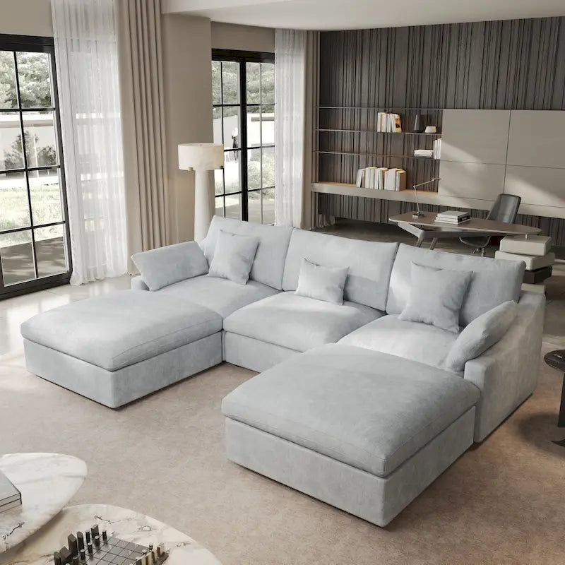Classic Modern Linen Sectional Modular Sofa 3-Seater with 2 Ottomans, U-shaped Down Filled Cloud Couch with Cushions