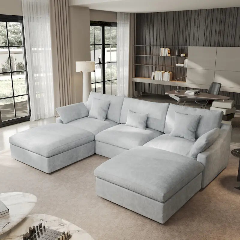 Classic Modern Linen Sectional Modular Sofa 3-Seater with 2 Ottomans, U-shaped Down Filled Cloud Couch with Cushions