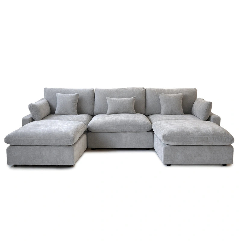 Classic Modern Linen Sectional Modular Sofa 3-Seater with 2 Ottomans, U-shaped Down Filled Cloud Couch with Cushions
