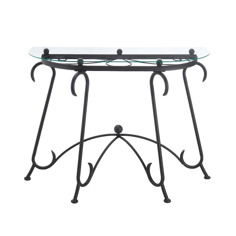 Console en verre trempé, Table basse style rustique avec structure métallique pour salon