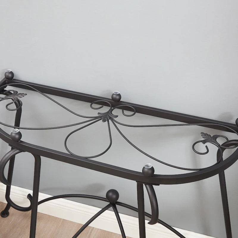 Console en verre trempé, Table basse style rustique avec structure métallique pour salon