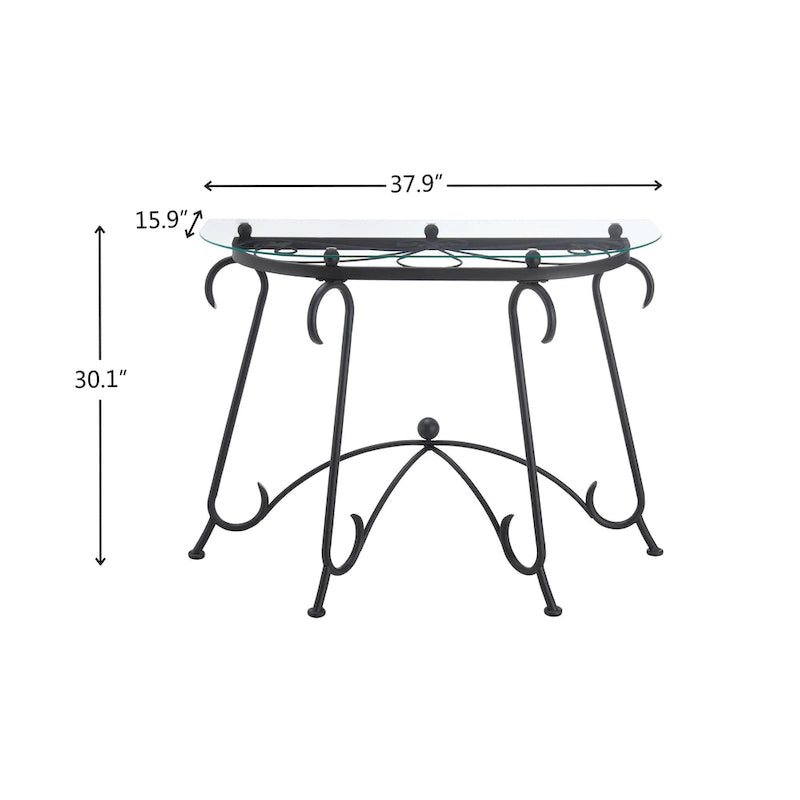 Console en verre trempé, Table basse style rustique avec structure métallique pour salon