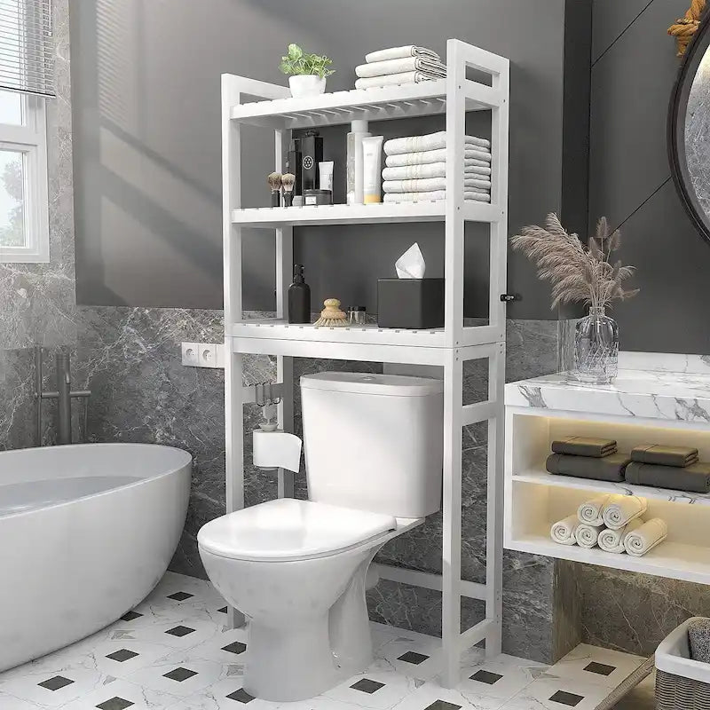 Étagère de rangement au-dessus des toilettes, étagère de rangement à 3 niveaux en bambou au-dessus des toilettes avec 3 crochets