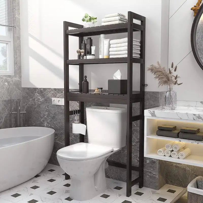 Étagère de rangement au-dessus des toilettes, étagère de rangement à 3 niveaux en bambou au-dessus des toilettes avec 3 crochets
