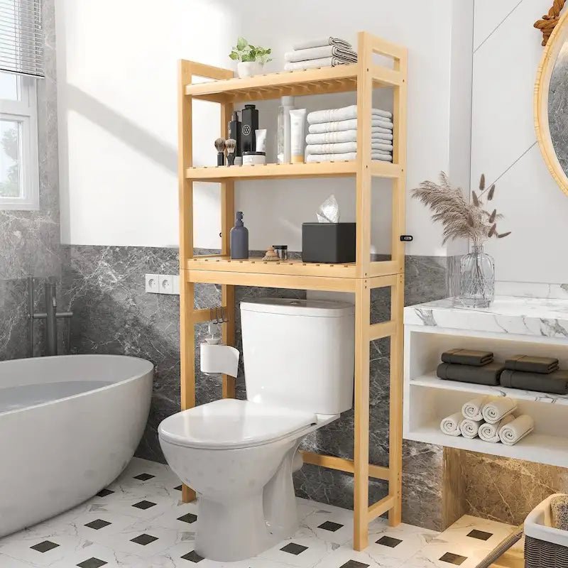 Étagère de rangement au-dessus des toilettes, étagère de rangement à 3 niveaux en bambou au-dessus des toilettes avec 3 crochets