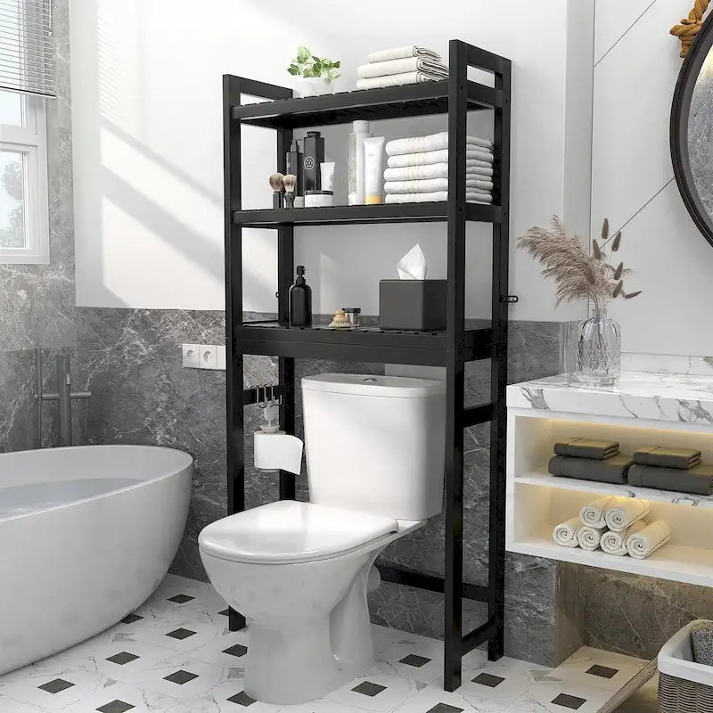 Étagère de rangement au-dessus des toilettes, étagère de rangement à 3 niveaux en bambou au-dessus des toilettes avec 3 crochets