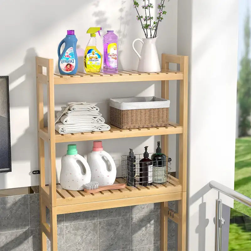 Étagère de rangement au-dessus des toilettes, étagère de rangement à 3 niveaux en bambou au-dessus des toilettes avec 3 crochets