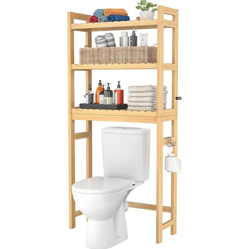 Étagère de rangement au-dessus des toilettes, étagère de rangement à 3 niveaux en bambou au-dessus des toilettes avec 3 crochets