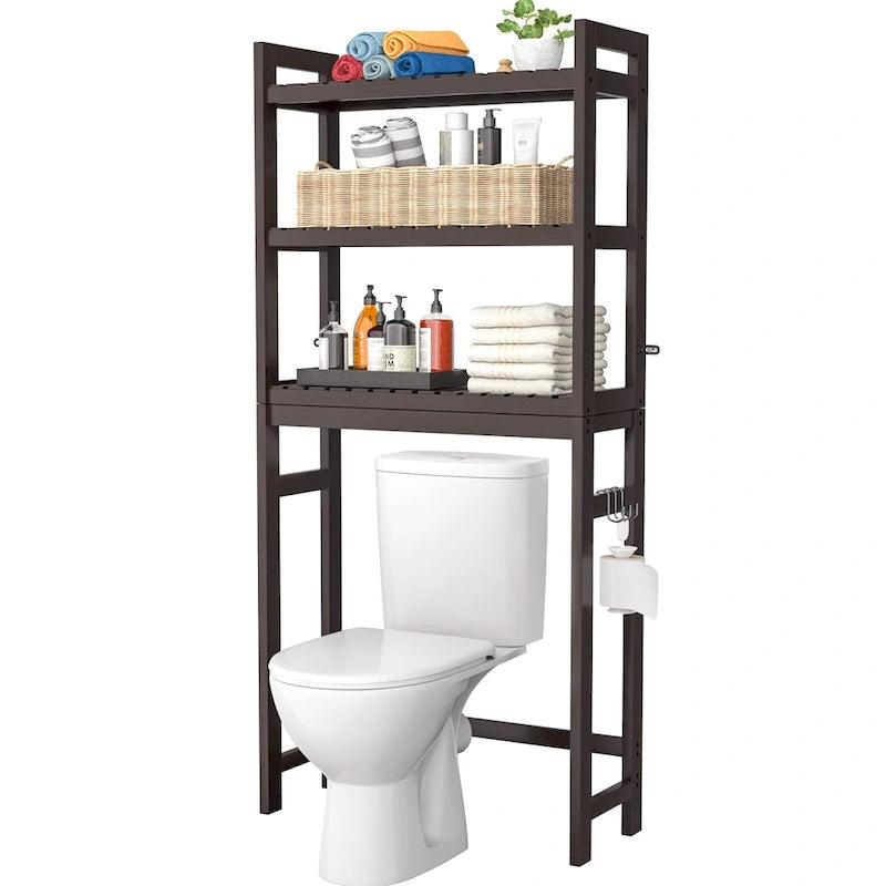 Étagère de rangement au-dessus des toilettes, étagère de rangement à 3 niveaux en bambou au-dessus des toilettes avec 3 crochets