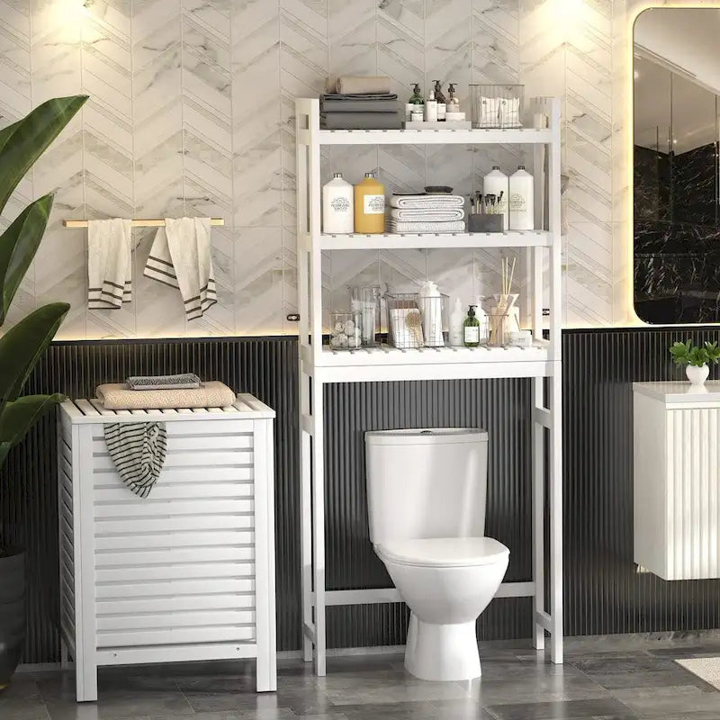 Étagère de rangement au-dessus des toilettes, étagère de rangement à 3 niveaux en bambou au-dessus des toilettes avec 3 crochets