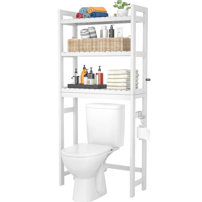 Étagère de rangement au-dessus des toilettes, étagère de rangement à 3 niveaux en bambou au-dessus des toilettes avec 3 crochets