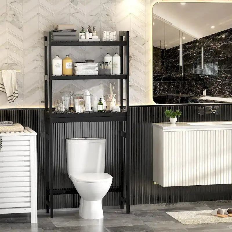 Étagère de rangement au-dessus des toilettes, étagère de rangement à 3 niveaux en bambou au-dessus des toilettes avec 3 crochets