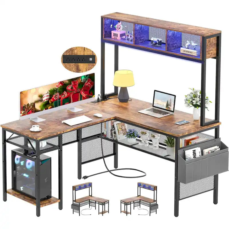 Reversible L-shaped Computer Desk with Storage Shelves and LED Strip and Power Outlets,Corner Desk Gaming Table