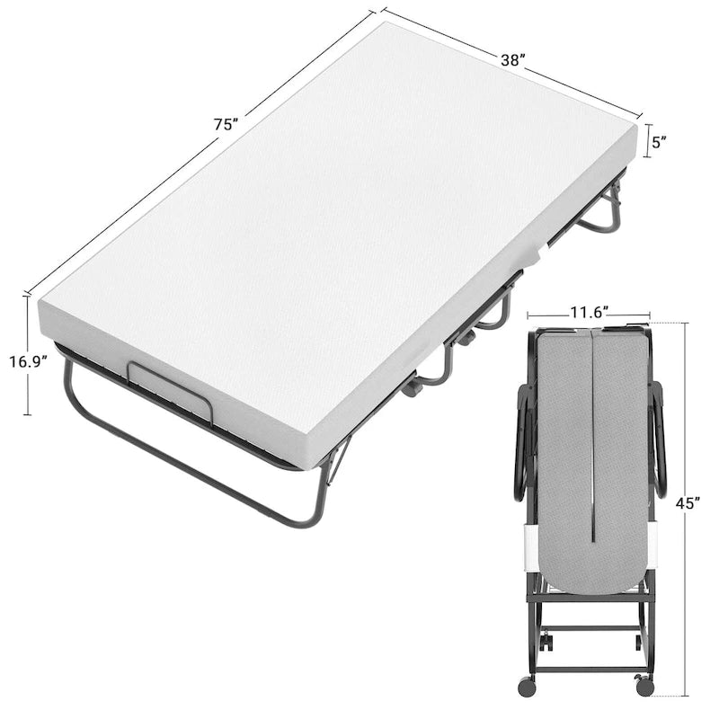 Folding Bed with 5 Inch Memory Foam Mattress, Rollaway Bed Extra Guest Bed with Wheel