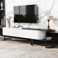 Meuble TV escamotable moderne noir et blanc avec 3 tiroirs et pieds métalliques réglables pour salon et chambre à coucher