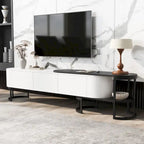 Meuble TV escamotable moderne noir et blanc avec 3 tiroirs et pieds métalliques réglables pour salon et chambre à coucher