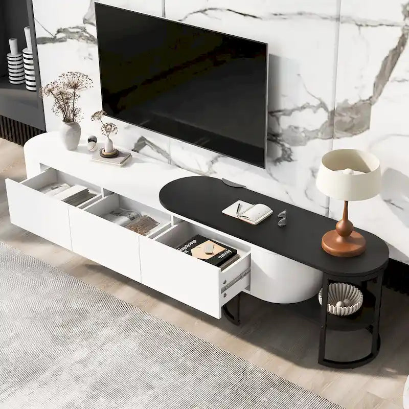 Meuble TV escamotable moderne noir et blanc avec 3 tiroirs et pieds métalliques réglables pour salon et chambre à coucher