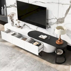 Meuble TV escamotable moderne noir et blanc avec 3 tiroirs et pieds métalliques réglables pour salon et chambre à coucher