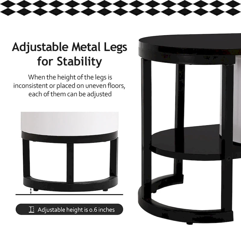 Meuble TV escamotable moderne noir et blanc avec 3 tiroirs et pieds métalliques réglables pour salon et chambre à coucher