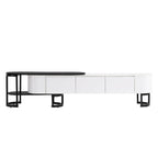 Meuble TV escamotable moderne noir et blanc avec 3 tiroirs et pieds métalliques réglables pour salon et chambre à coucher