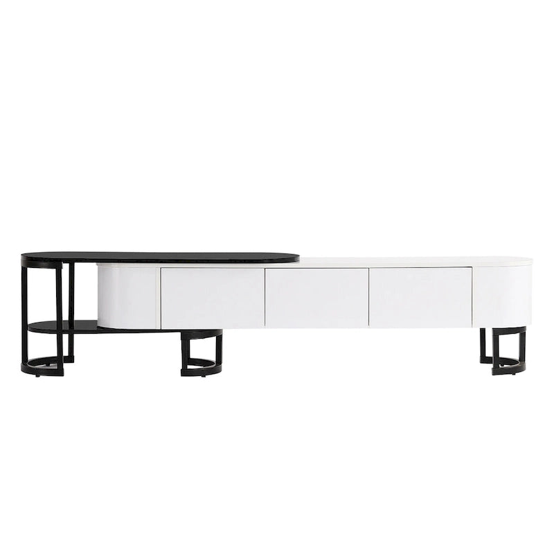 Meuble TV escamotable moderne noir et blanc avec 3 tiroirs et pieds métalliques réglables pour salon et chambre à coucher