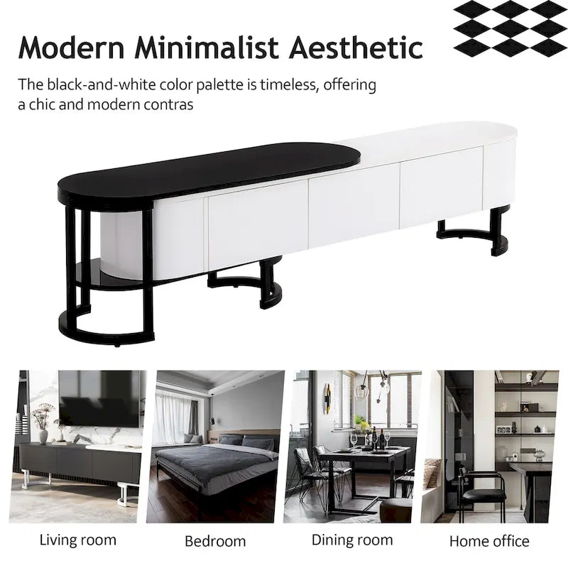 Meuble TV escamotable moderne noir et blanc avec 3 tiroirs et pieds métalliques réglables pour salon et chambre à coucher