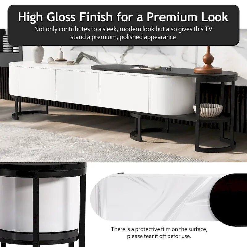 Meuble TV escamotable moderne noir et blanc avec 3 tiroirs et pieds métalliques réglables pour salon et chambre à coucher