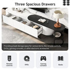 Meuble TV escamotable moderne noir et blanc avec 3 tiroirs et pieds métalliques réglables pour salon et chambre à coucher