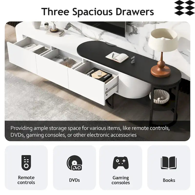 Meuble TV escamotable moderne noir et blanc avec 3 tiroirs et pieds métalliques réglables pour salon et chambre à coucher