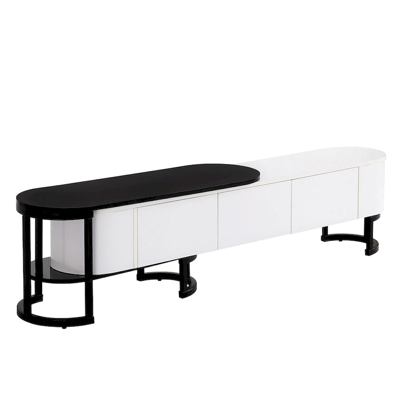 Meuble TV escamotable moderne noir et blanc avec 3 tiroirs et pieds métalliques réglables pour salon et chambre à coucher