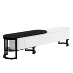 Meuble TV escamotable moderne noir et blanc avec 3 tiroirs et pieds métalliques réglables pour salon et chambre à coucher