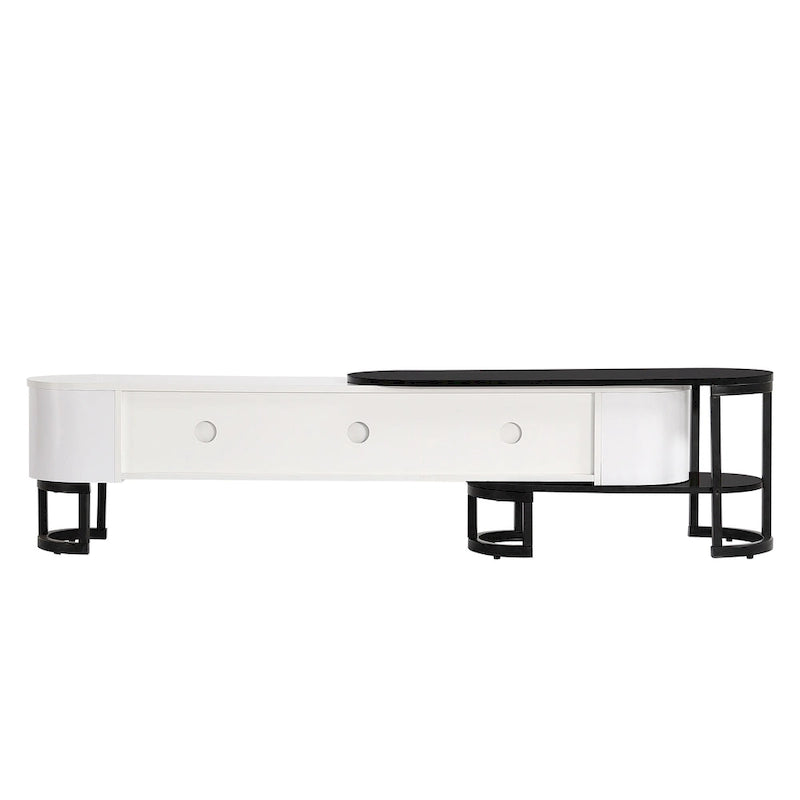 Meuble TV escamotable moderne noir et blanc avec 3 tiroirs et pieds métalliques réglables pour salon et chambre à coucher