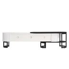 Meuble TV escamotable moderne noir et blanc avec 3 tiroirs et pieds métalliques réglables pour salon et chambre à coucher