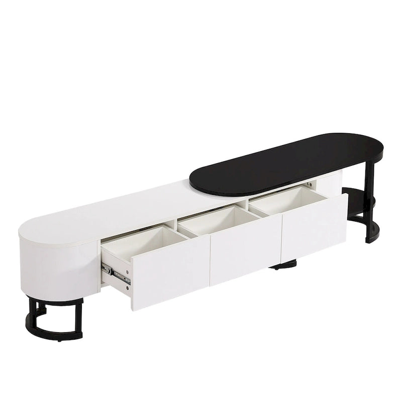 Meuble TV escamotable moderne noir et blanc avec 3 tiroirs et pieds métalliques réglables pour salon et chambre à coucher