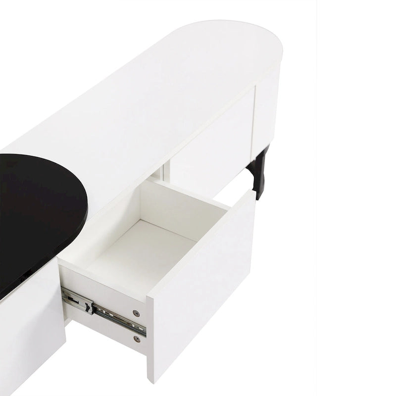 Meuble TV escamotable moderne noir et blanc avec 3 tiroirs et pieds métalliques réglables pour salon et chambre à coucher