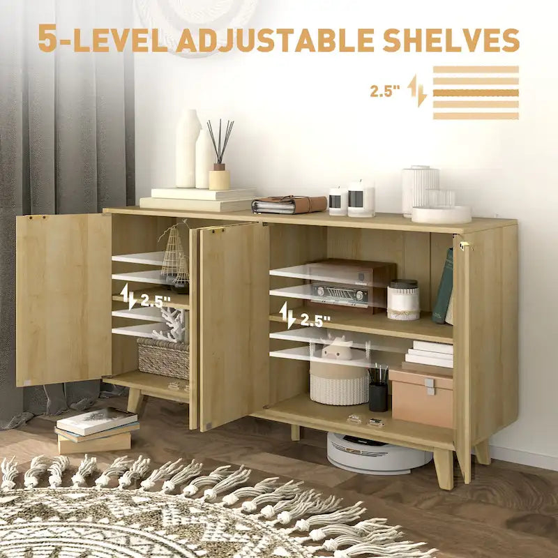 HOMCOM Buffet vaisselier à cannage, meuble console d'appoint moderne de 140 cm avec 4 portes, 2 étagères réglables et 5 pieds en bois