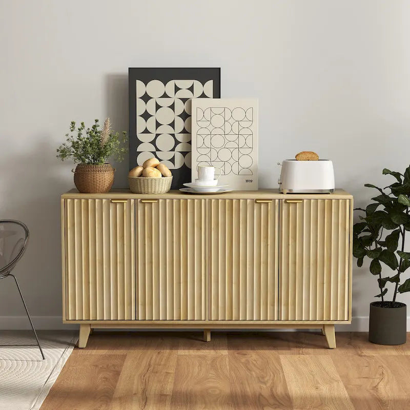 HOMCOM Buffet vaisselier à cannage, meuble console d'appoint moderne de 140 cm avec 4 portes, 2 étagères réglables et 5 pieds en bois