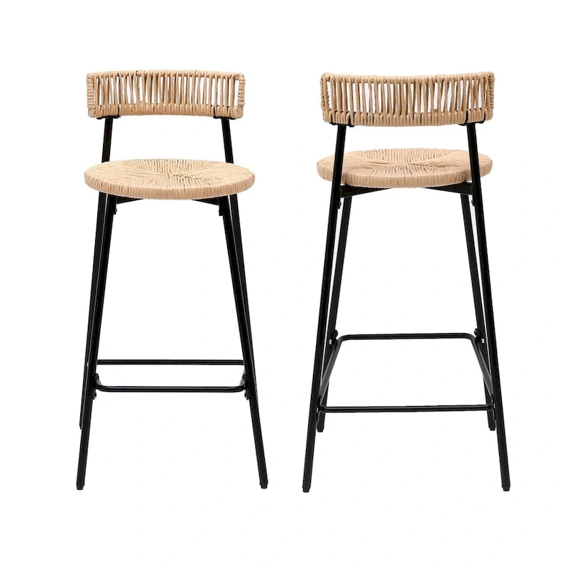 Tabourets de bar tissés à la main avec dossier, ensemble de 2 tabourets de bar ronds en corde de papier avec repose-pieds pour îlot de cuisine et salles à manger