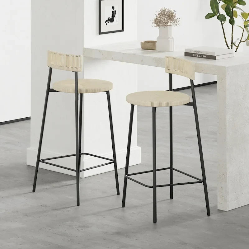 Tabourets de bar tissés à la main avec dossier, ensemble de 2 tabourets de bar ronds en corde de papier avec repose-pieds pour îlot de cuisine et salles à manger