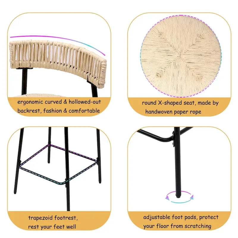 Tabourets de bar tissés à la main avec dossier, ensemble de 2 tabourets de bar ronds en corde de papier avec repose-pieds pour îlot de cuisine et salles à manger