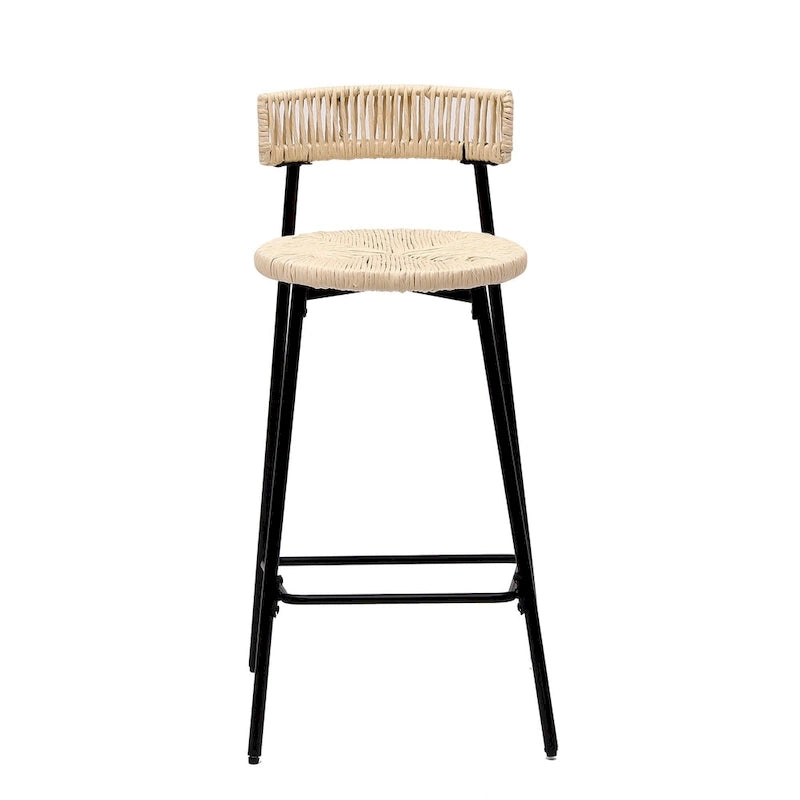 Tabourets de bar tissés à la main avec dossier, ensemble de 2 tabourets de bar ronds en corde de papier avec repose-pieds pour îlot de cuisine et salles à manger
