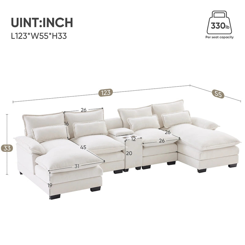 Modern U-shaped Cloud Sectional Couch, Convertible Sleeper Couch