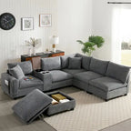 U Shaped Chenille Sofa w/Ottoman,Console,Cup Holder,Wide Seat,USB