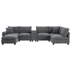 U Shaped Chenille Sofa w/Ottoman,Console,Cup Holder,Wide Seat,USB
