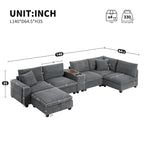U Shaped Chenille Sofa w/Ottoman,Console,Cup Holder,Wide Seat,USB