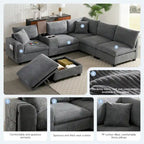 U Shaped Chenille Sofa w/Ottoman,Console,Cup Holder,Wide Seat,USB