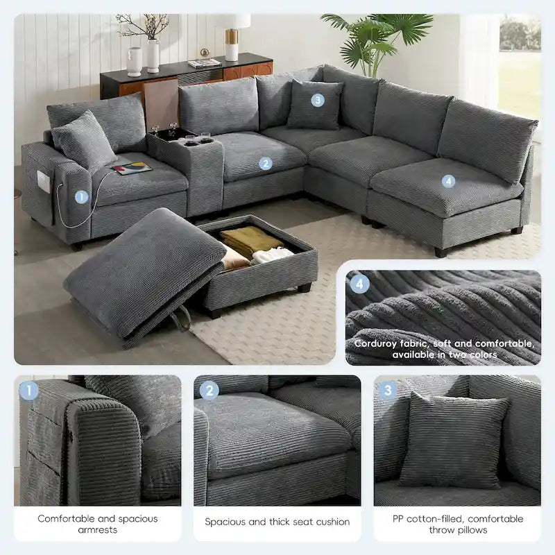 U Shaped Chenille Sofa w/Ottoman,Console,Cup Holder,Wide Seat,USB