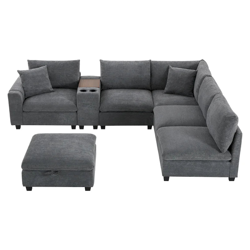 U Shaped Chenille Sofa w/Ottoman,Console,Cup Holder,Wide Seat,USB